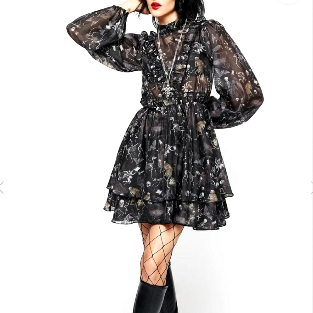 DISTURBIA Melancholia Frill Yoke Layered Organza Mini Autumn Gothic Dress US6 💀